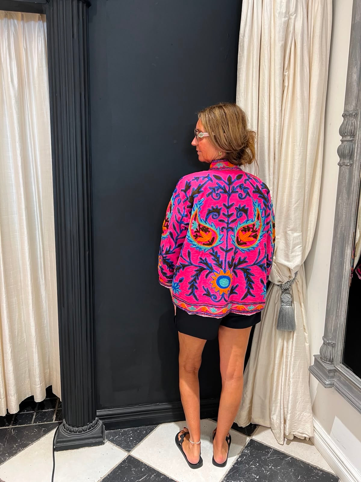 Fuchsia Geborduurde Kimono Jas