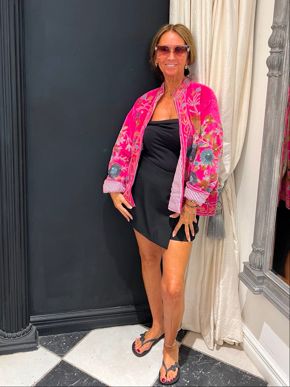 Magenta Geborduurde Kimono Jas