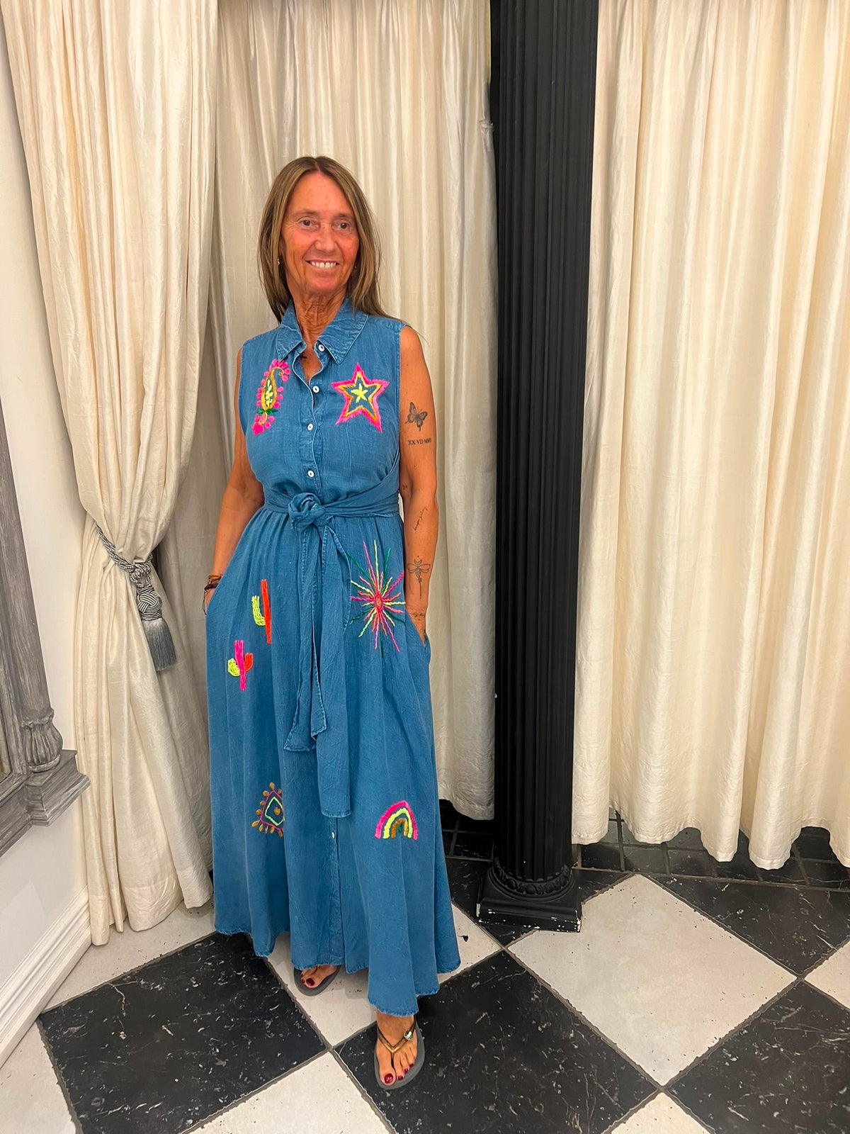 Denim Maxi Jurk met Borduurwerk