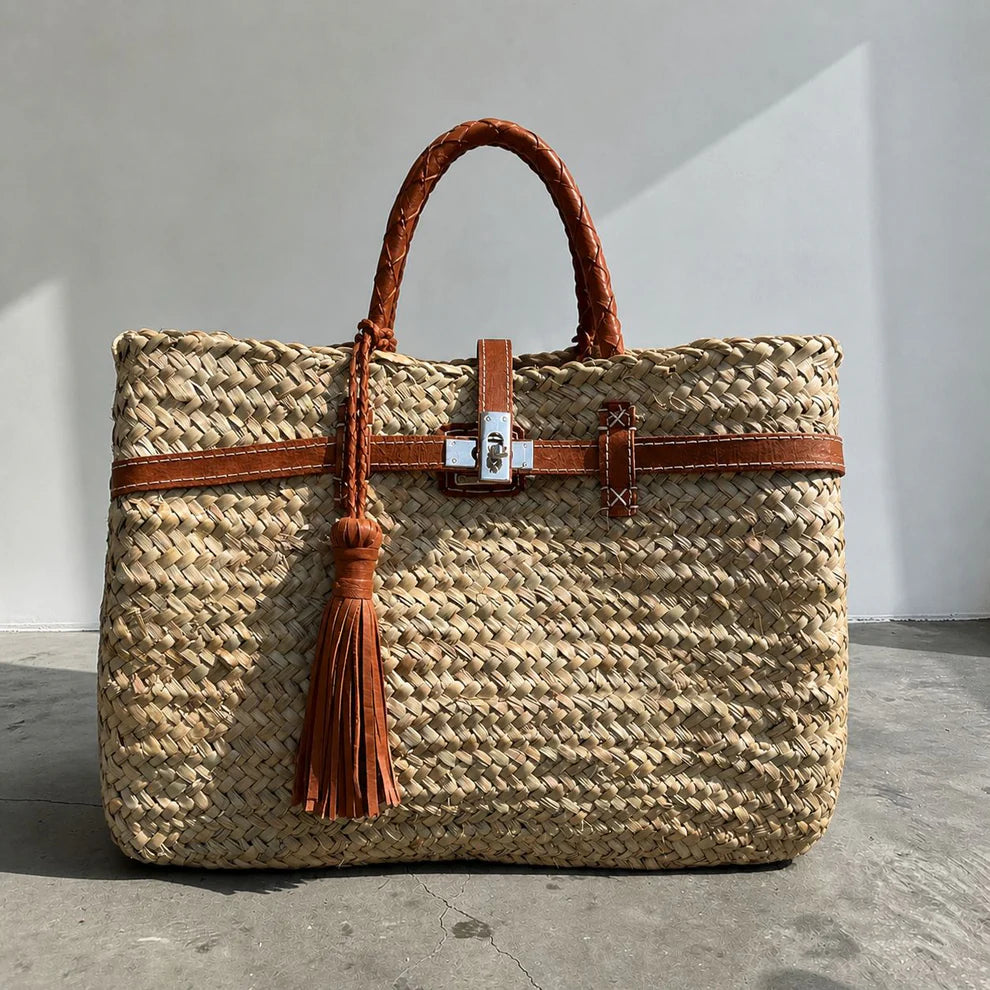 Rieten Tas met Suède Details – Cognac - Groot