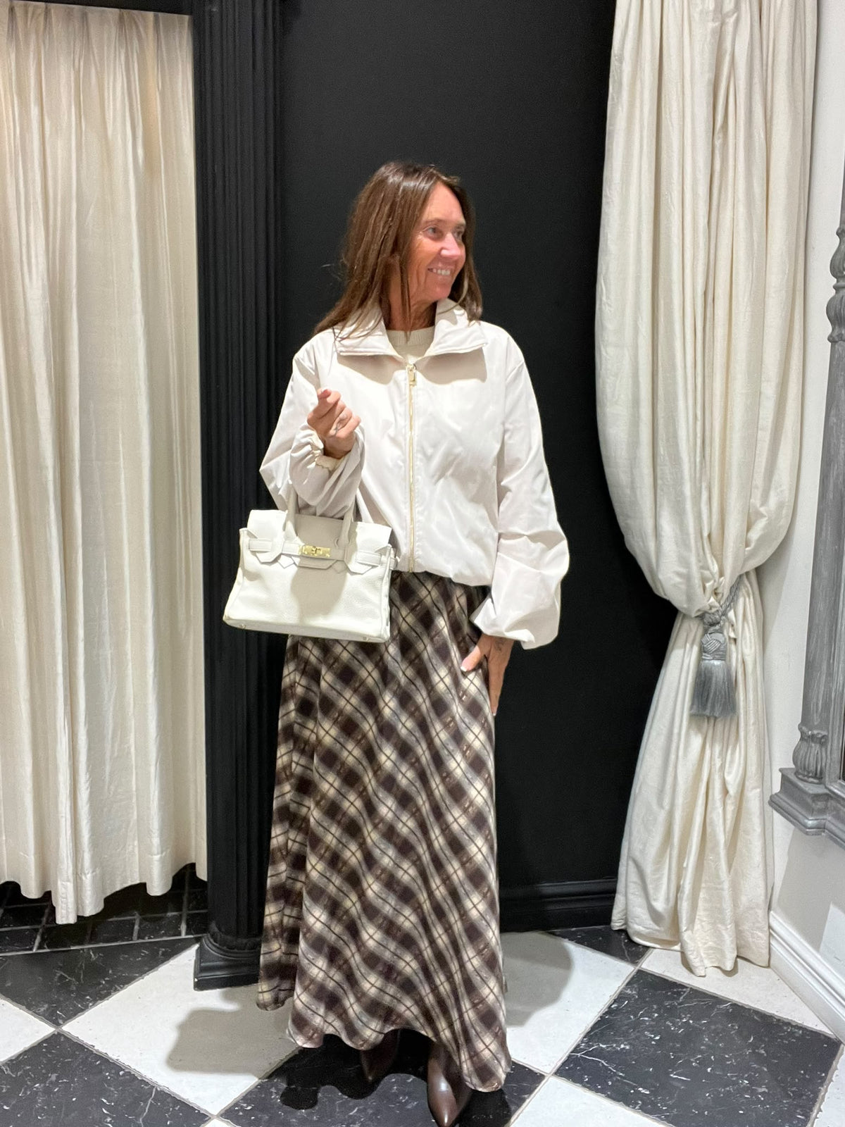 Lange geruite rok beige bruin