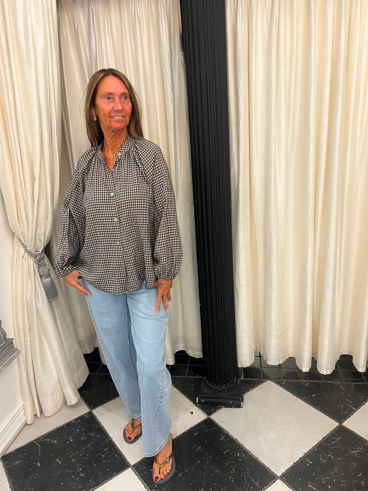 Geruitte Blouse met Ballonmouwen – Zwart /Wit