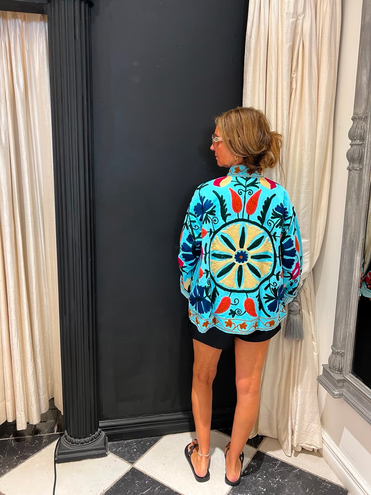 Turquoise Geborduurde Kimono Jas