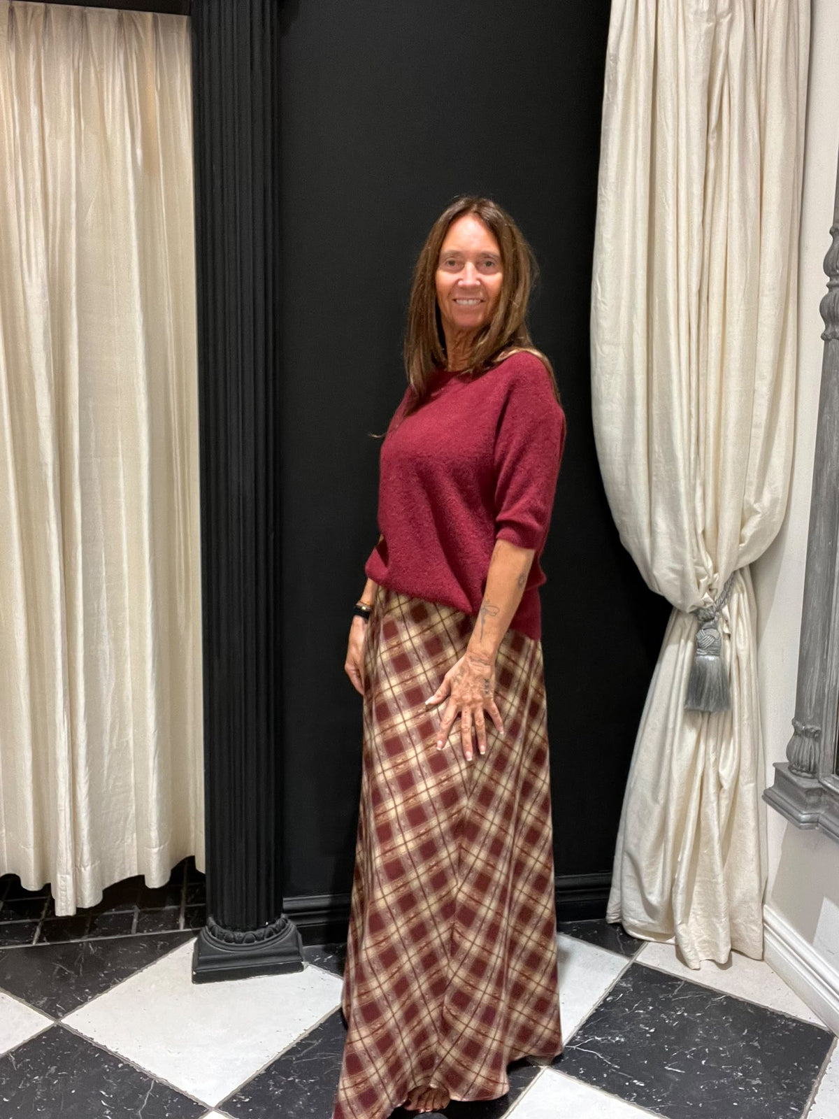 Lange geruite rok beige bordeaux