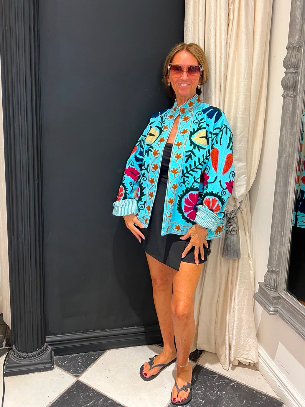 Turquoise Geborduurde Kimono Jas
