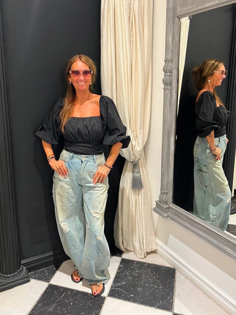 Pofmouw top zwart voorkant met vierkante hals — one size past t/m maat 42