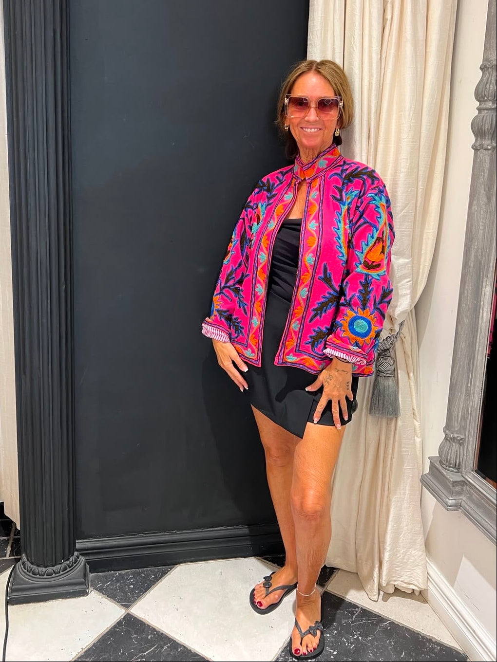Fuchsia Geborduurde Kimono Jas