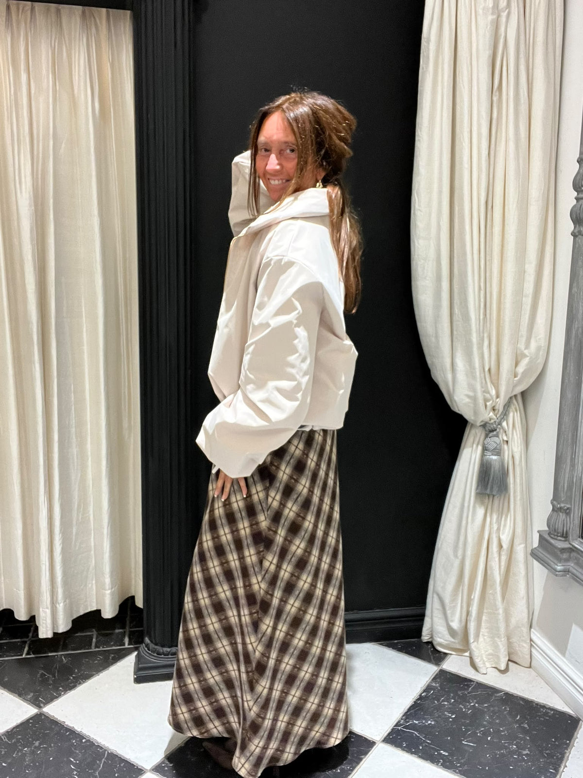 Lange geruite rok beige bruin