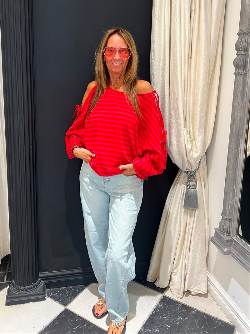 Off-shoulder top streep rood - achterkant