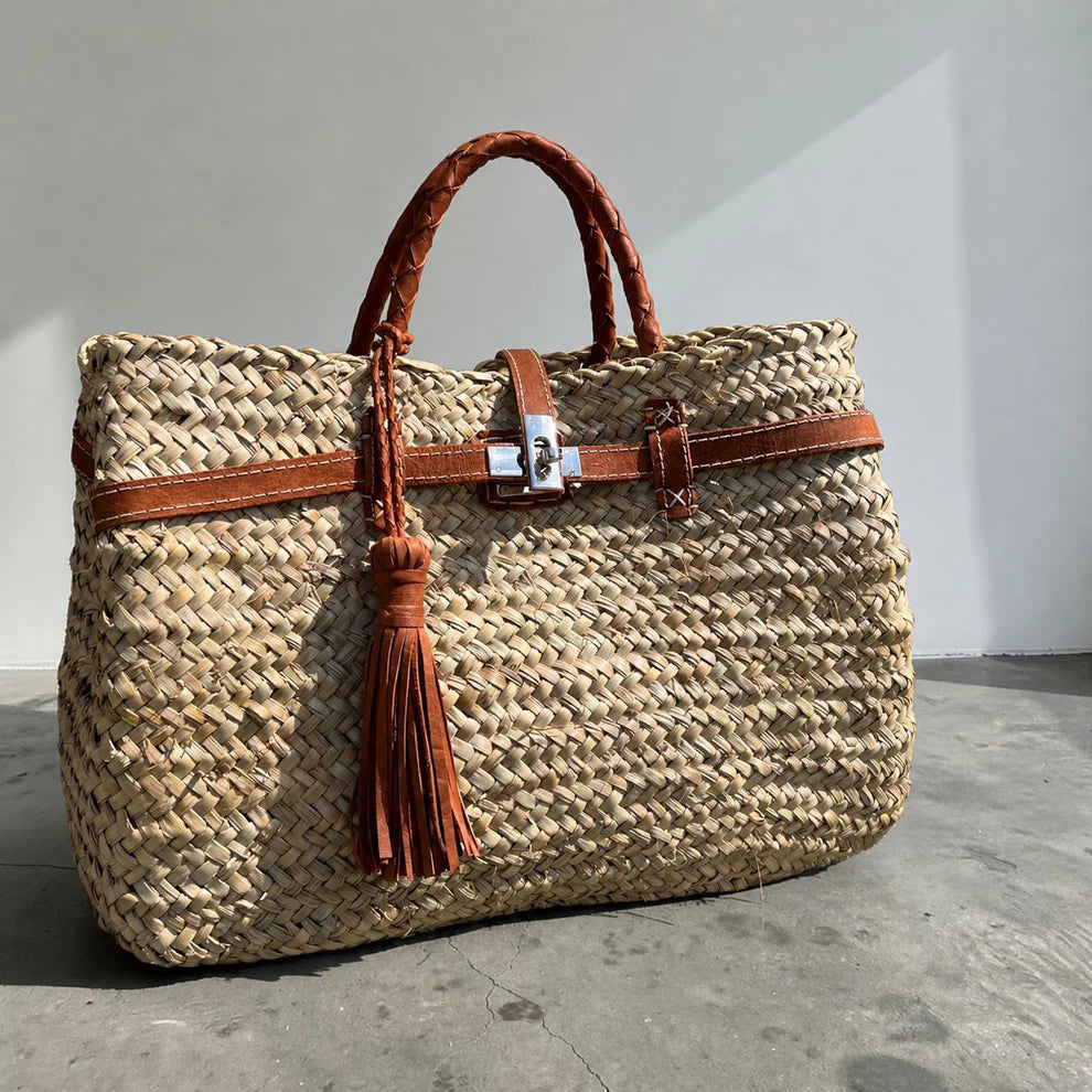 Rieten Tas met Suède Details – Cognac - Groot